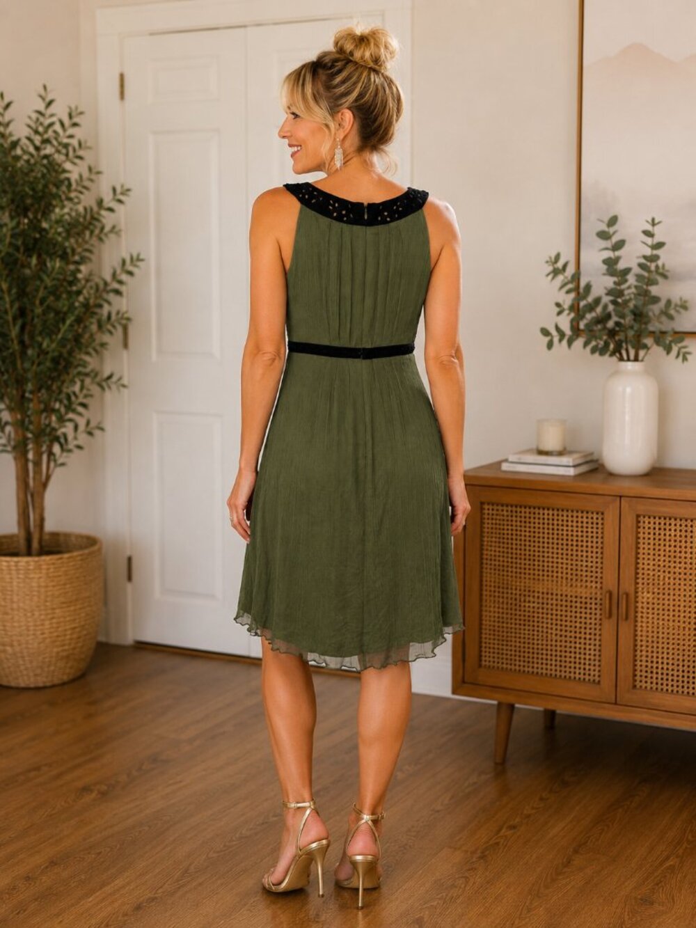 Muse Olive Green 100% Silk Dress | Size 10 | Beaded Neckline | Lined| B-1835 - Picture 3 of 13